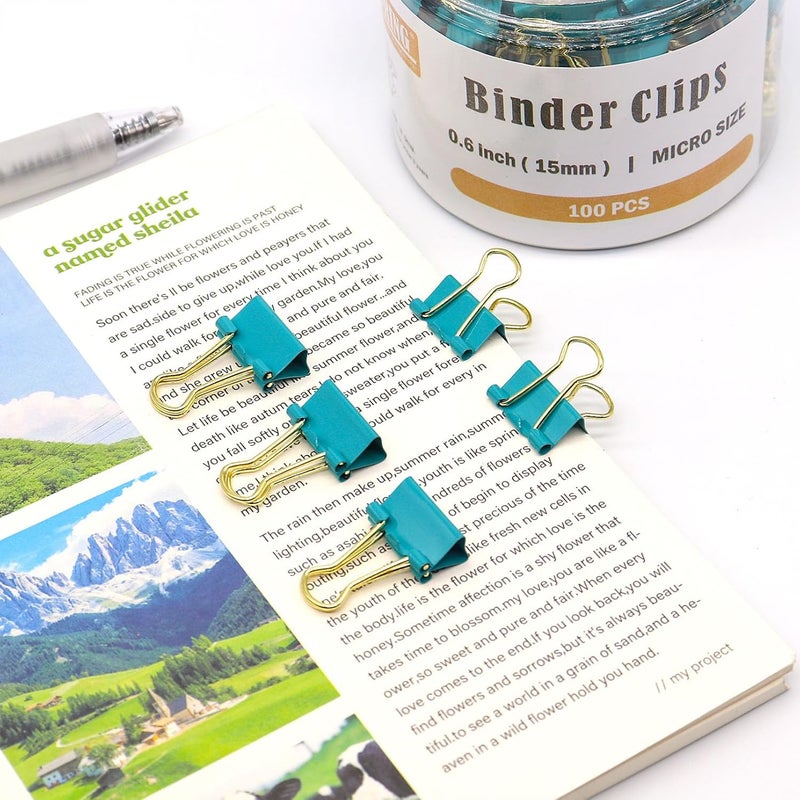 YCVIORING Binder Clips, Mini Paper Clip, Small Paper Clamps 15mm (5/8 inch), 100 Pack Micro Size Office Clips for Home School and Business (Blue-Green) - Image 3